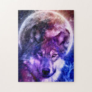 Mystische Galaxie-Wolf-Gesicht mit Vollmond