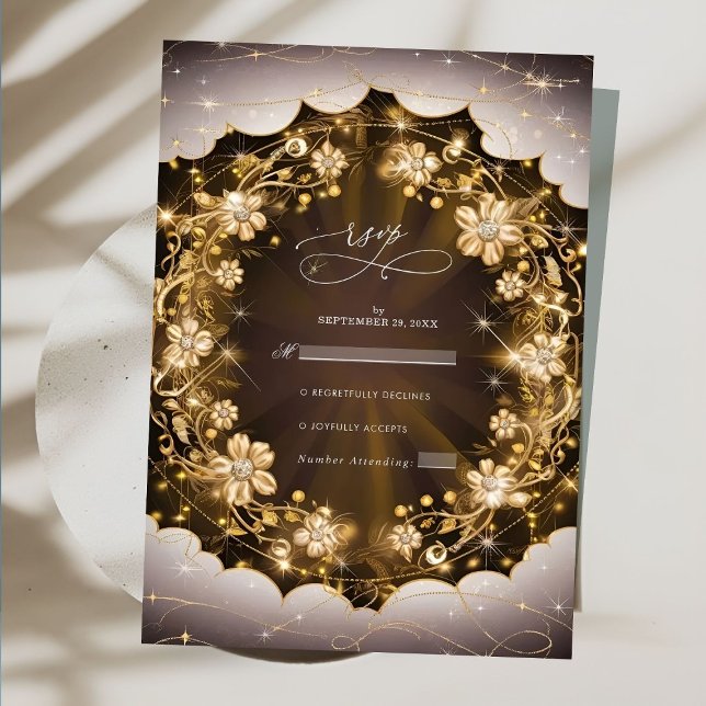 Mystische Glitzern und goldene Blumenhochzeit RSVP Karte (Von Creator hochgeladen)
