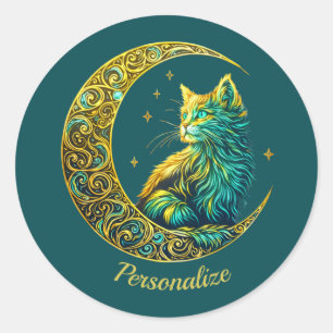 Mystische goldene Katze auf mondhimmlischem Grün Runder Aufkleber