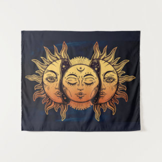 Mystische goldene Luna Sonne und Mond Wandteppich