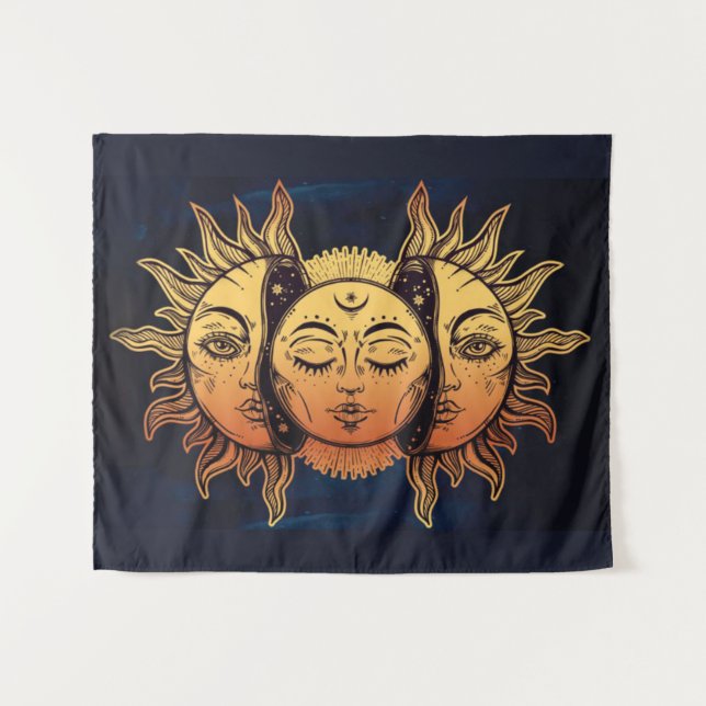 Mystische goldene Luna Sonne und Mond Wandteppich (Vorderseite (Horizontal))