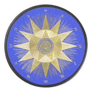 Mystische goldene Sternzeichen-Sonnenstrahlen-Astr Eishockey Puck