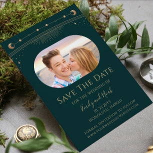 Mystische grüne goldene himmlische Hochzeitsfoto Save The Date