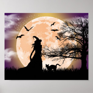 Mystische Hexe, schwarze Katze, Vollmond-Poster Poster