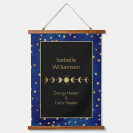 Mystische Himmelsstars Moon Phase Navy Blue Wandteppich Mit Holzrahmen