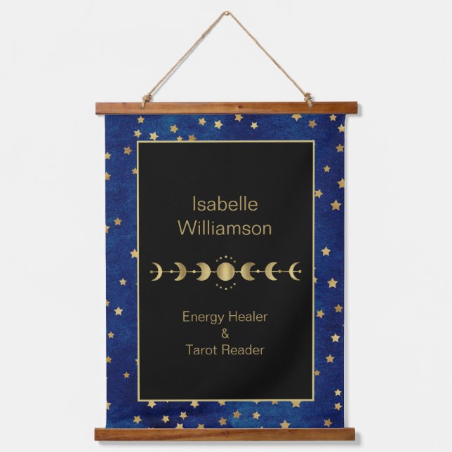 Mystische Himmelsstars Moon Phase Navy Blue Wandteppich Mit Holzrahmen (Vorderseite)