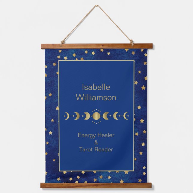 Mystische Himmelsstars Moon Phase Navy Blue Wandteppich Mit Holzrahmen (Vorderseite)