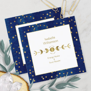 Mystische Himmelssterne Mondphase Navyblau Gold Quadratische Visitenkarte