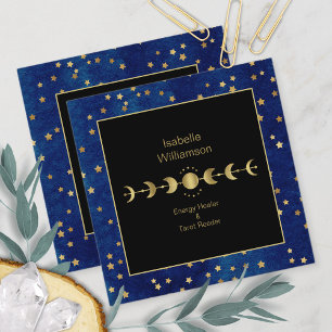 Mystische Himmelssterne Mondphase Navyblau Gold Quadratische Visitenkarte