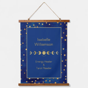 Mystische Himmelssterne Mondphase Navyblau Wandteppich Mit Holzrahmen