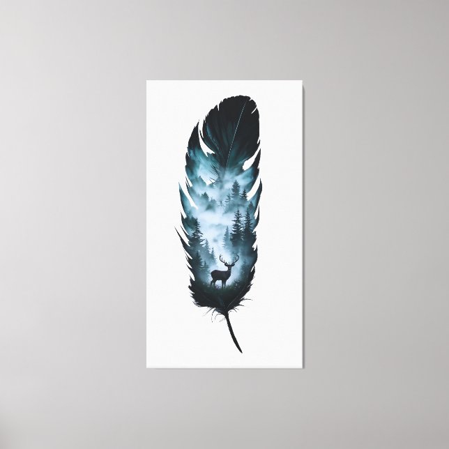 Mystische Hirsche in Waldfedern Große Leinwand (Vorderseite)