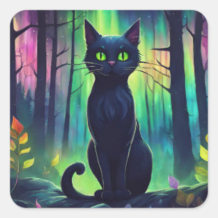 Mystische Katze der Nordlichter Quadratischer Aufkleber