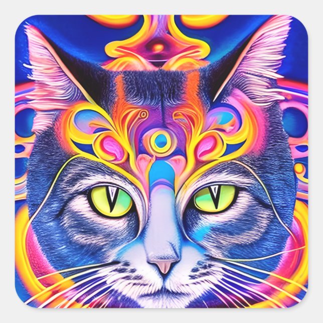 Mystische Katze mit drittem Auge Quadratischer Aufkleber (Vorderseite)