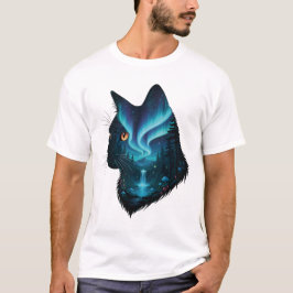 Mystische Katze Nordlichter Wald Silhouette  T-Shirt