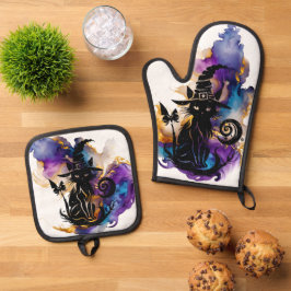 Mystische Katze Ofenhandschuh & Topflappen-Set