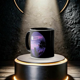 Mystische Katze unter dem Mond - Träume Lila Nacht Zweifarbige Tasse