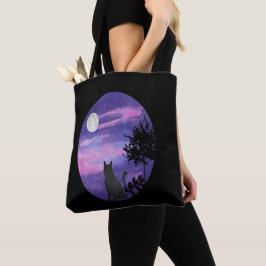 Mystische Katze unter dem Mond – Träumerische Purp Tasche