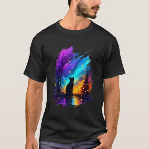 Mystische Katzensilhouette Nordlichter Schwarz T-Shirt