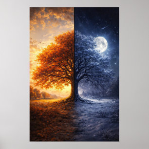 Mystische Kunst Eiche Tag Nacht Winter Herbst Poster