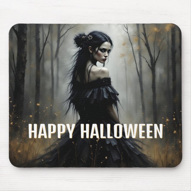 Mystische Lady im Dunklen Halloween-Wald Mousepad (Vorne)