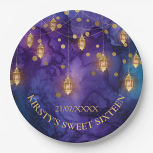 Mystische lila blaue Laternen & Gold Bokeh Sweet 1 Pappteller