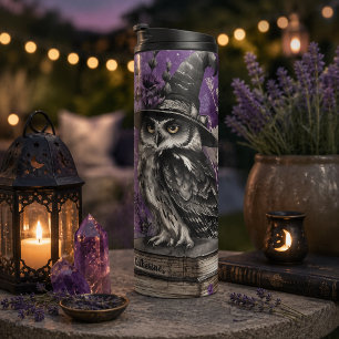 Mystische Lila Hexen-Eulen-Kunst mit individuellem Thermosbecher
