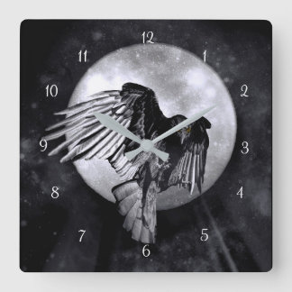 Mystische Magie Raben oder Crow und Mond Quadratische Wanduhr