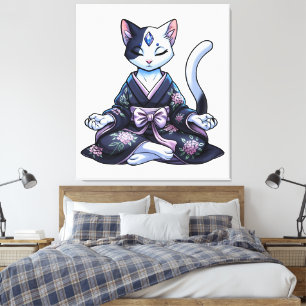 Mystische meditierende Katze im floralen Kimono Leinwanddruck