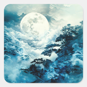 Mystische mondbeschienene Berglandschaft Quadratischer Aufkleber