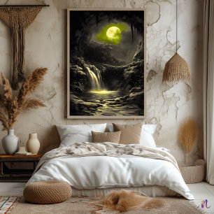 Mystische mondbeschienene Höhle – Monochromes Leuc Poster