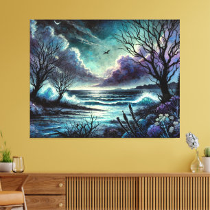 Mystische mondbeschienene Meereslandschaft mit Wel Leinwanddruck