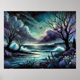 Mystische mondbeschienene Meereslandschaft mit Wel Poster