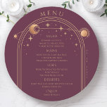 Mystische Pflaume Gold Sun Moon Stars Hochzeit Menükarte<br><div class="desc">Mystical Plum Gold Sun Moon Stars Space Wedding Menu Cards verfügen über einen goldenen Rahmen für Sonne,  Mond und Sterne auf einem Pflaumenuntergrund mit Menüdetails in der Mitte in modernen goldenen Kalligraphie-Skripten. Personalisieren Sie den Text durch Bearbeiten in den bereitgestellten Textfeldern. Von Evco Studio entworfen www.zazzle.com/store/evcostudio</div>