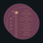 Mystische Pflaume Gold Sun Moon Stars Weltraumhoch Menükarte<br><div class="desc">Mystical Plum Gold Sun Moon Stars Space Wedding Menu Cards verfügen über einfache goldene Sterne auf einem Pflaumenhintergrund mit Menüdetails in der Mitte des modernen Goldkalligraphie-Skripts. Personalisieren Sie den Text durch Bearbeiten in den bereitgestellten Textfeldern. Von Evco Studio entworfen www.zazzle.com/store/evcostudio</div>