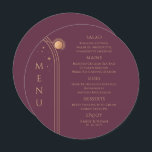 Mystische Pflaume Gold Sun Moon Stars Weltraumhoch Menükarte<br><div class="desc">Mystical Plum Gold Sun Moon Stars Space Wedding Menu Cards verfügen über einfache goldene Sterne auf einem Pflaumenhintergrund mit Menüdetails in der Mitte des modernen Goldkalligraphie-Skripts. Personalisieren Sie den Text durch Bearbeiten in den bereitgestellten Textfeldern. Von Evco Studio entworfen www.zazzle.com/store/evcostudio</div>