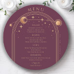 Mystische Pflaume Gold Sun Moon Stars Weltraumhoch Menükarte<br><div class="desc">Mystical Plum Gold Sun Moon Stars Space Wedding Menu Cards verfügen über einen goldenen Rahmen für Sonne,  Mond und Sterne auf einem Pflaumenuntergrund mit Menüdetails in der Mitte in modernen goldenen Kalligraphie-Skripten. Personalisieren Sie den Text durch Bearbeiten in den bereitgestellten Textfeldern. Von Evco Studio entworfen www.zazzle.com/store/evcostudio</div>