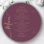 Mystische Pflaume Gold Sun Moon Stars Weltraumhoch Menükarte<br><div class="desc">Mystical Plum Gold Sun Moon Stars Space Wedding Menu Cards verfügen über einfache goldene Sterne auf einem Pflaumenhintergrund mit Menüdetails in der Mitte des modernen Goldkalligraphie-Skripts. Personalisieren Sie den Text durch Bearbeiten in den bereitgestellten Textfeldern. Von Evco Studio entworfen www.zazzle.com/store/evcostudio</div>