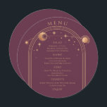 Mystische Pflaume Gold Sun Moon Stars Weltraumhoch Menükarte<br><div class="desc">Mystical Plum Gold Sun Moon Stars Space Wedding Menu Cards verfügen über einen goldenen Rahmen für Sonne, Mond und Sterne auf einem Pflaumenuntergrund mit Menüdetails in der Mitte in modernen goldenen Kalligraphie-Skripten. Personalisieren Sie den Text durch Bearbeiten in den bereitgestellten Textfeldern. Entworfen für Sie von Evco Studio © unter www.zazzle.com/store/evcostudio...</div>
