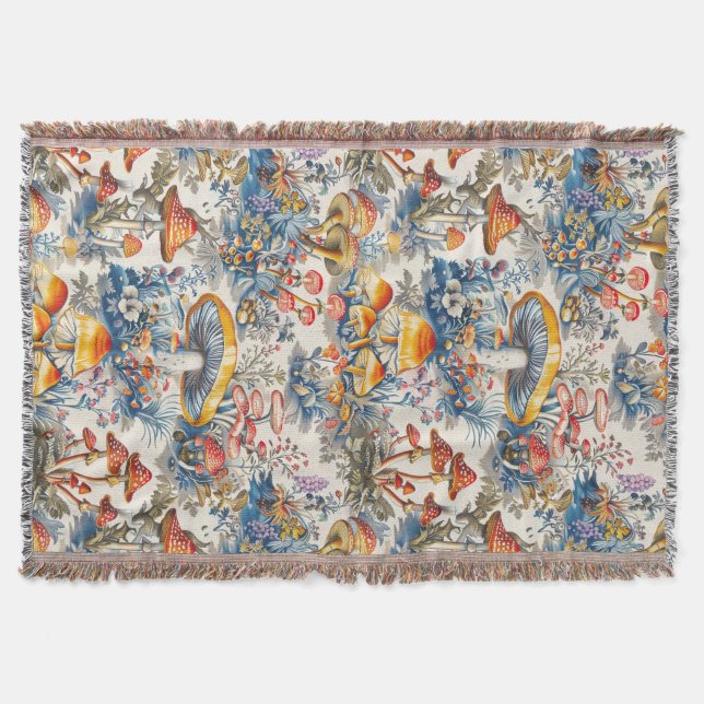 Mystische Pilze in Toile De Jouy Decke (Vorderseite)