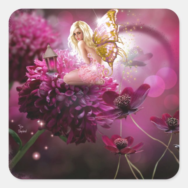 Mystische rosa Fantasie Blumengarten Kunst, Dichtu Quadratischer Aufkleber (Vorderseite)