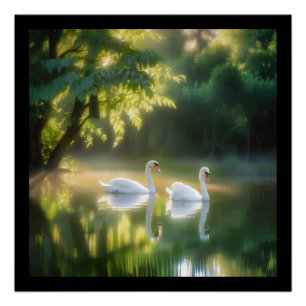 Mystische Schwäne glänzen auf Sommerteich Poster