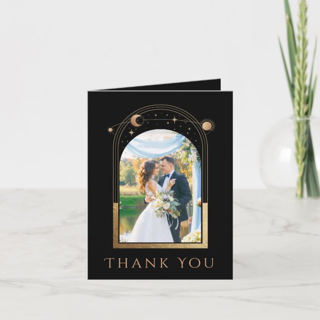 Mystische Schwarz-Sterne-Foto Hochzeit Dankeskarte (Vorderseite)