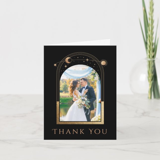 Mystische Schwarze Gold Star Moon Foto Hochzeit Dankeskarte (Vorderseite)