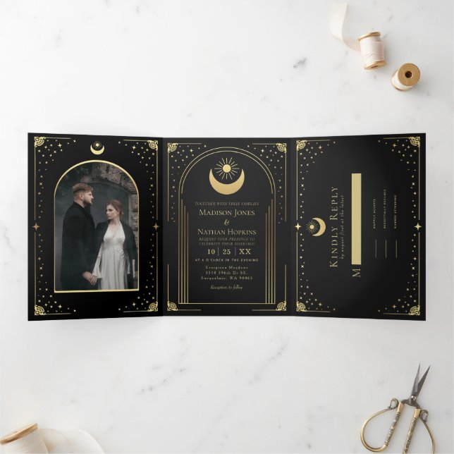 Mystische Schwarze Gold Tarot Card Arch Wedding Dreifach Gefaltete Einladung (Innenseite)