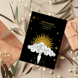 Mystische schwarze goldene Himmels-Sonnen-Hochzeit Save The Date