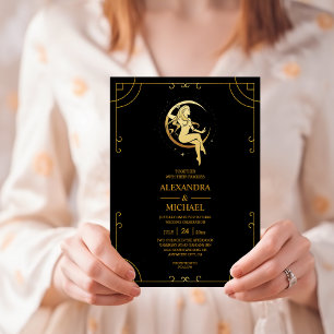 Mystische schwarze Goldene Himmelssterne Hochzeit  Einladung