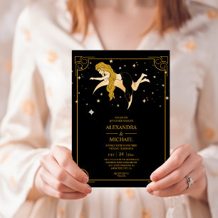 Mystische schwarze Goldene Himmelssterne Hochzeits Einladung