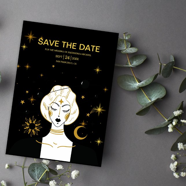Mystische Schwarze goldene Sonnenhochzeit Rette di Save The Date (Von Creator hochgeladen)