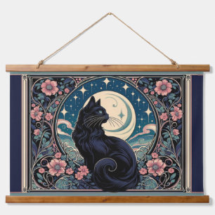 Mystische schwarze Katze Art Nouveau Wandteppich Mit Holzrahmen