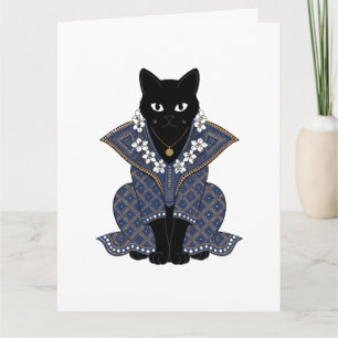 Mystische schwarze Katze blaue Batik-Grußkarte Karte